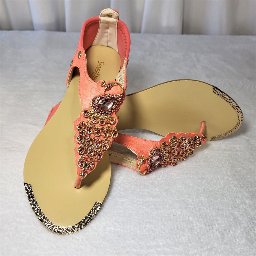 Coral Pink Summer Sandals Rhinestone Peacock Bird Thong Strap - Picture 8 of 9